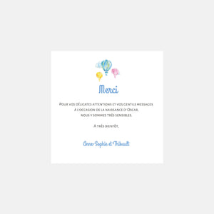 Hot air balloon birth thank you card