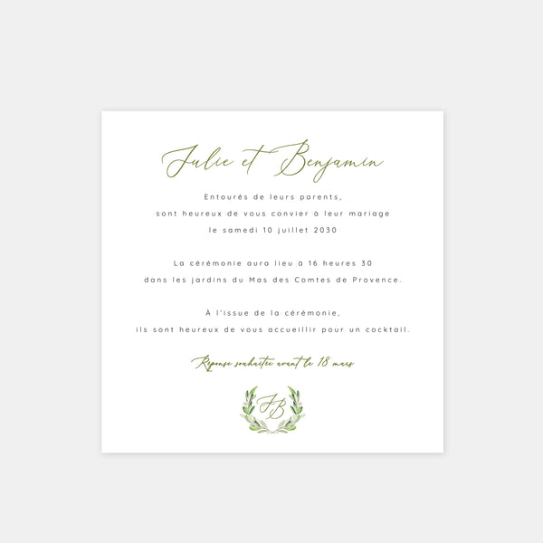 Faire-part de mariage monogramme feuillages
