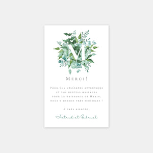 Carte de remerciement naissance aquarelle botanique