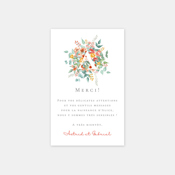 Carte de remerciement naissance aquarelle bouquet
