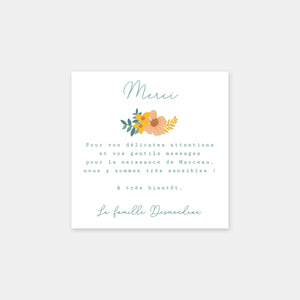 Carte de remerciements naissance fleuri
