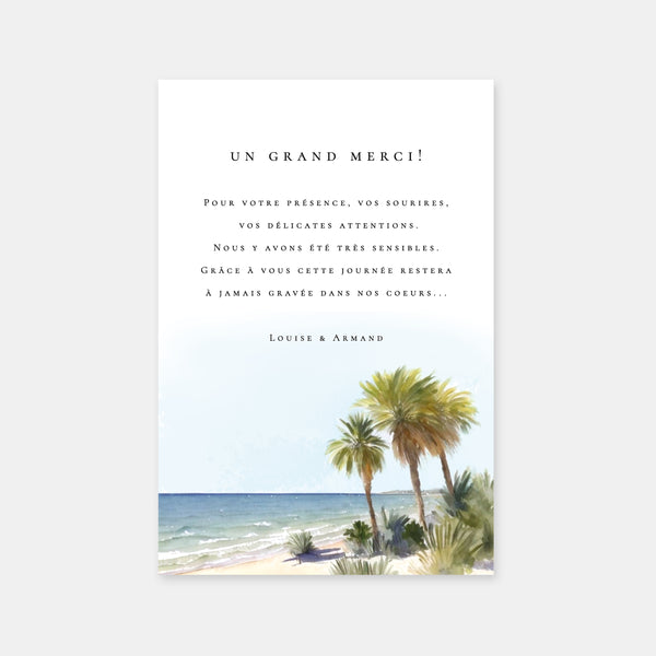 Carton remerciement mariage plage tropicale aquarelle