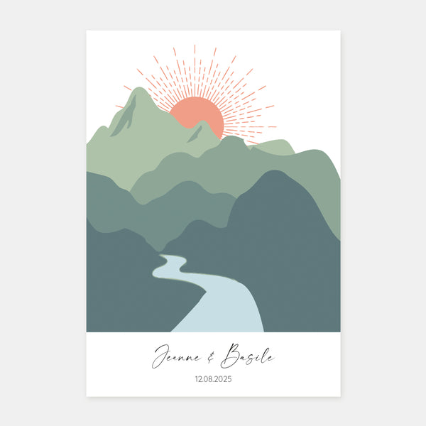 Hochzeitseinladungs-Sonnenuntergang-Bergprogramm