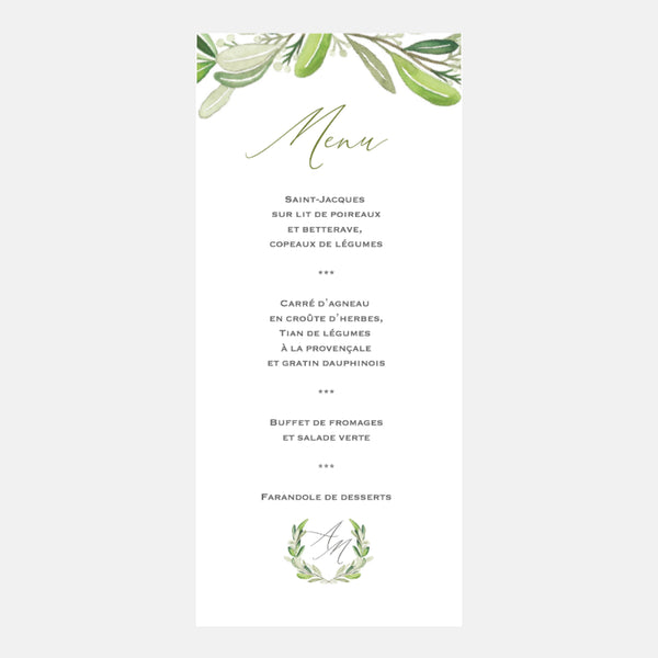 Menu mariage monogramme feuillages
