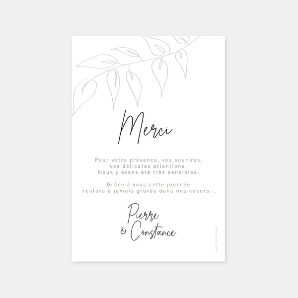Carton remerciements de mariage esquisse feuillage