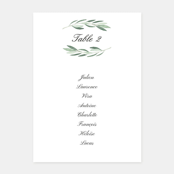 Klassischer Hochzeitstischplan mit Blattwerk – 5x