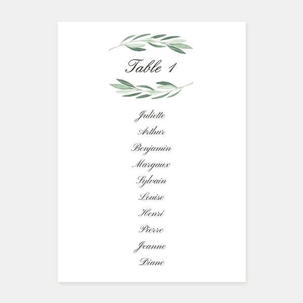 Klassischer Hochzeitstischplan mit Blattwerk – 5x