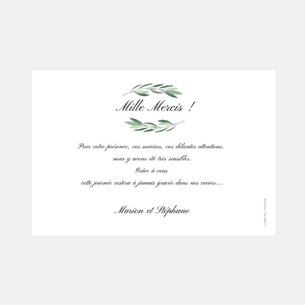 Carton remerciement mariage classique feuillage